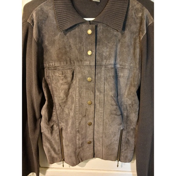 Escapade Brown Suede Front Long Sleeve Sweater Snap Front Jacket Women's LG - Picture 2 of 5